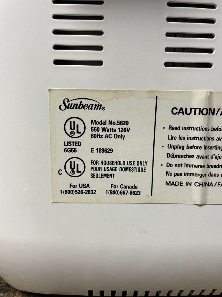 Sunbeam 2 Pound Bread Maker Automatic Machine Model # 5820