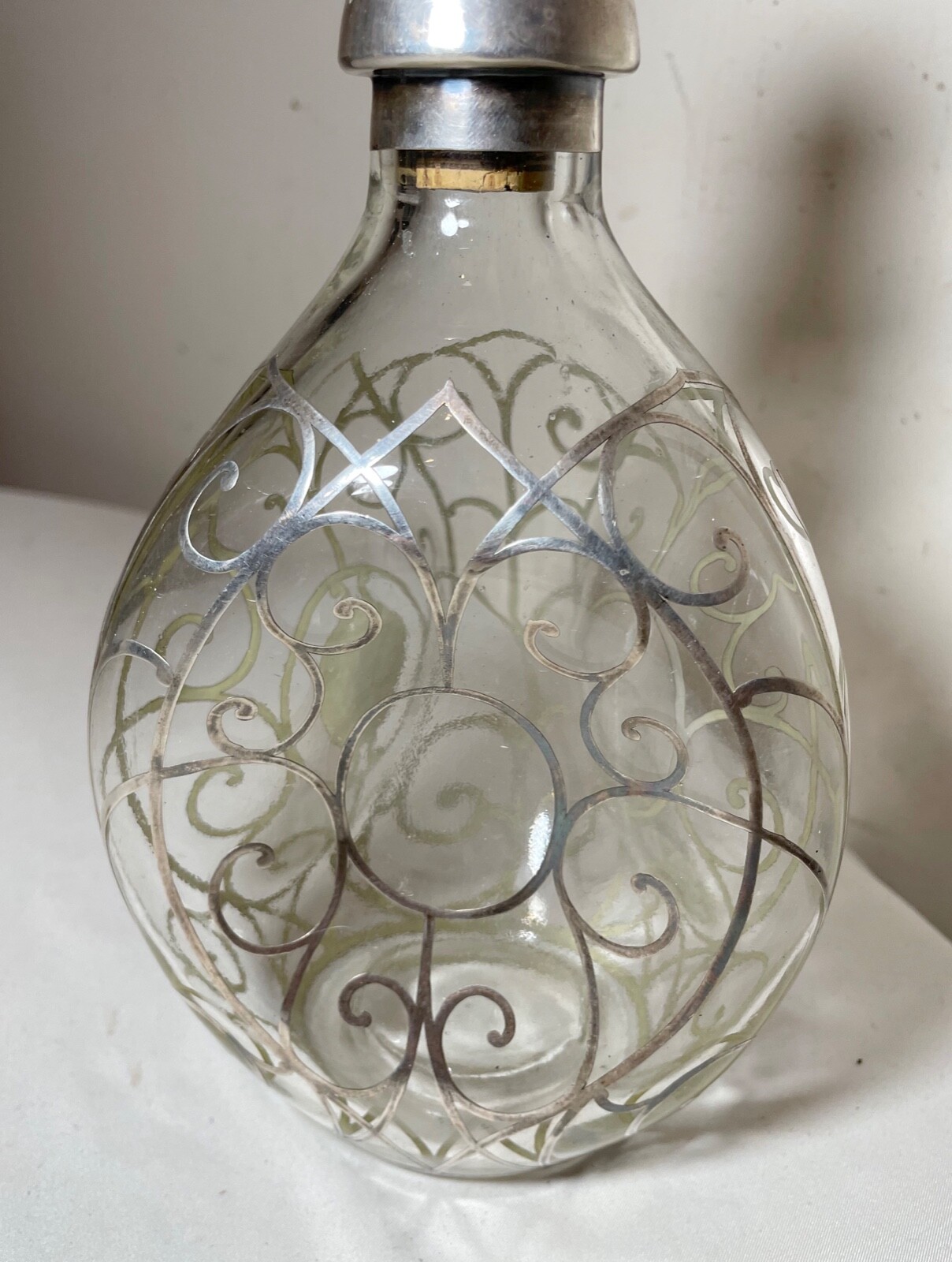 antique ornate sterling silver overlay glass liquor claret decanter bottle jar