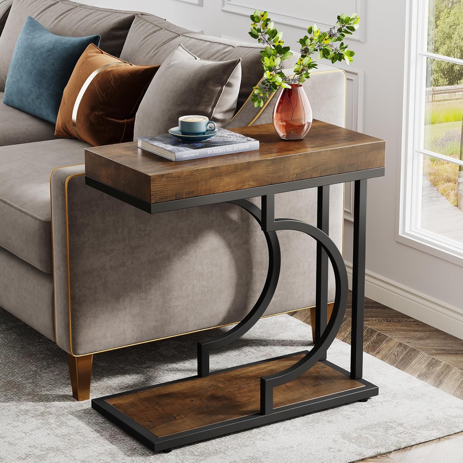 C Shaped End Table, Modern Narrow Side Table with Metal Frame for Living Room