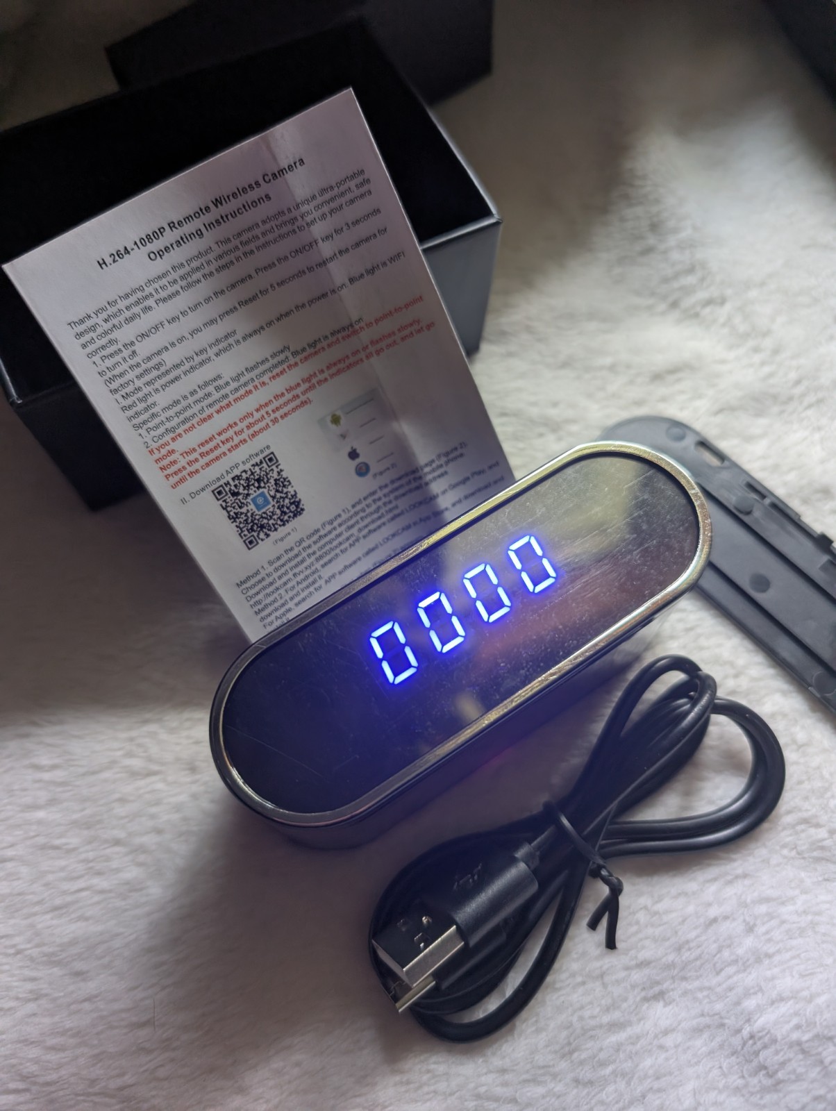 HD WIFI Clock Camera With Battery, Charging Cord and Instructions Included