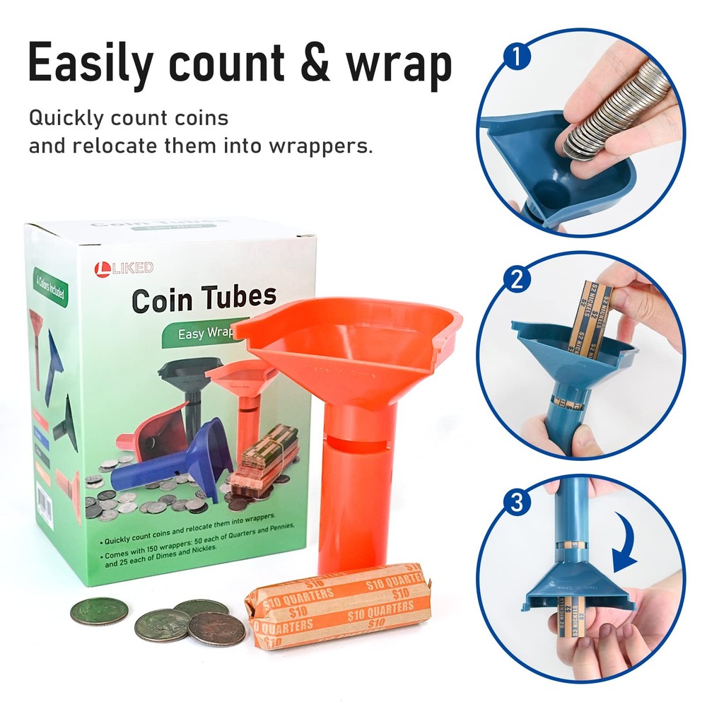 150 Flat Striped Coin Wrappers & 4 Color-Coded Sorter Tubes, Easy Load Counters