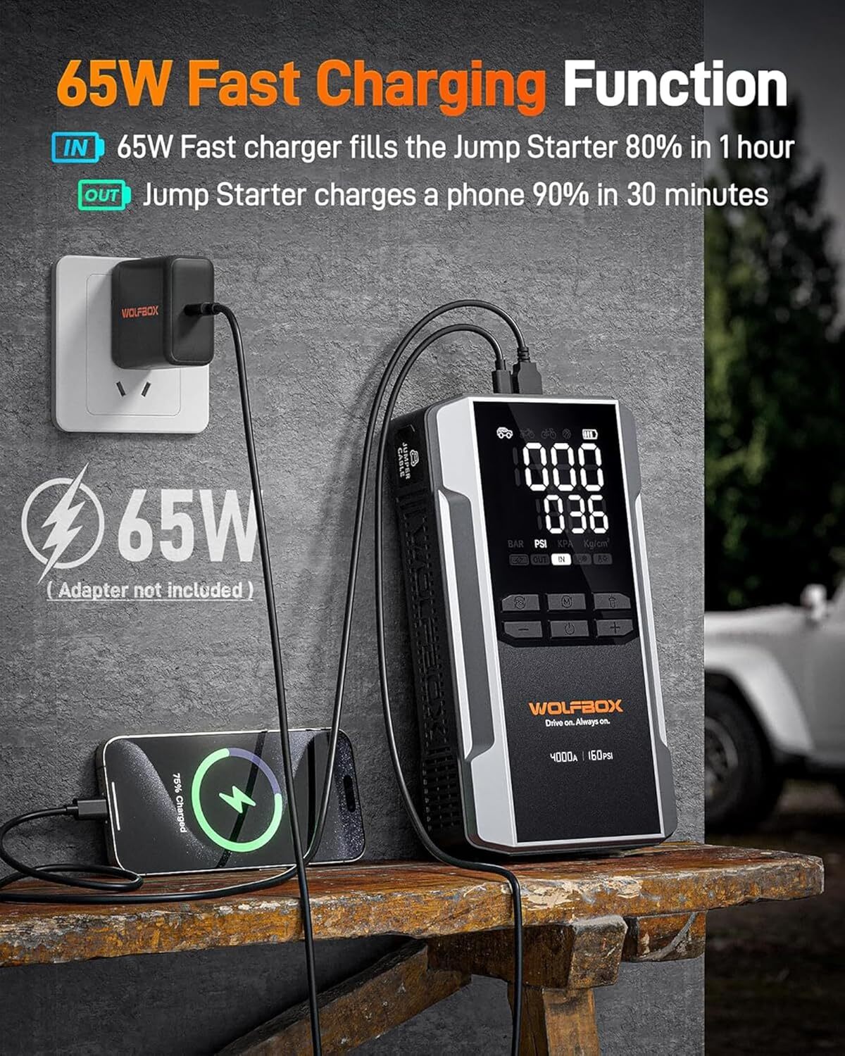WOLFBOX Jump Starter with Air Compressor, 4000A Portable Car Battery Booster
