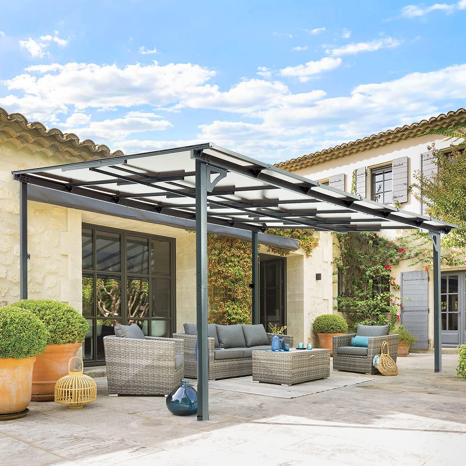 Outdoor Metal Lean to Gazebo Large Patio Wall-Mounted Pergola Hard Top Awning