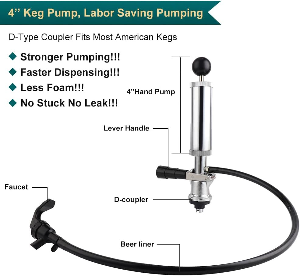4inch Beer Keg Pump Keg Tap D System Keg Party Pump with Beer Line Faucet