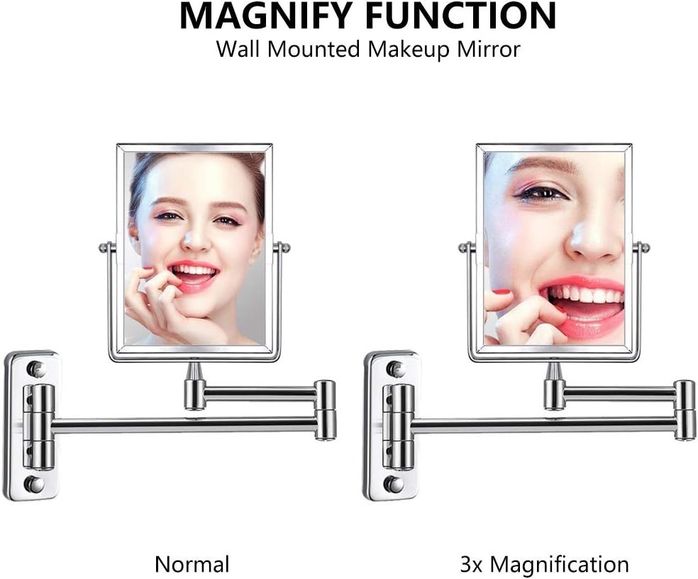3X Magnifying Wall Mounted Vanity Makeup Mirror Rectangular 8x6 Inch W/