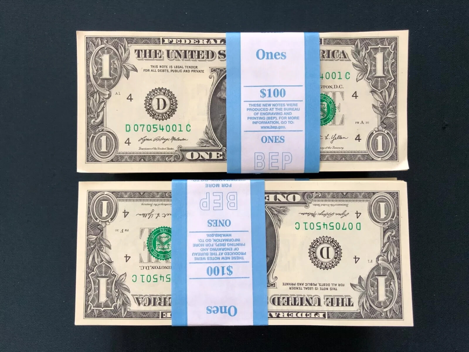 Lot of 100 Uncirculated One Dollar Bills 2021 Richmond Consecutive Notes BEP