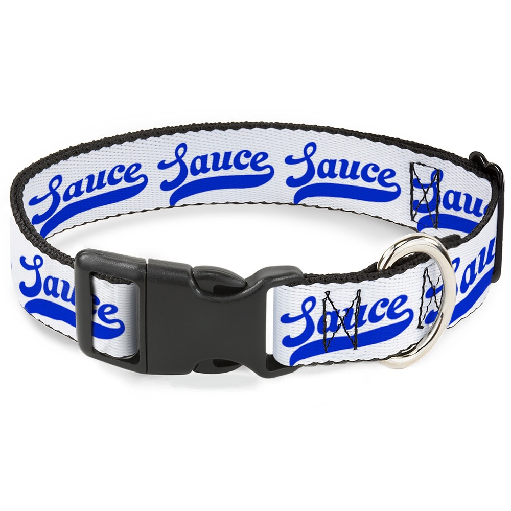 Plastic Clip Collar SAUCE Baseball Script White/Blue Medium 11-16.5"