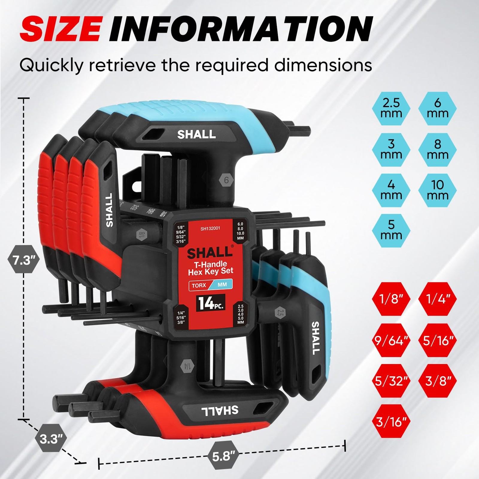 SHALL 14Piece Allen Wrenches Sets, Metric & SAE THandle Allen Wrench Set, Lon...