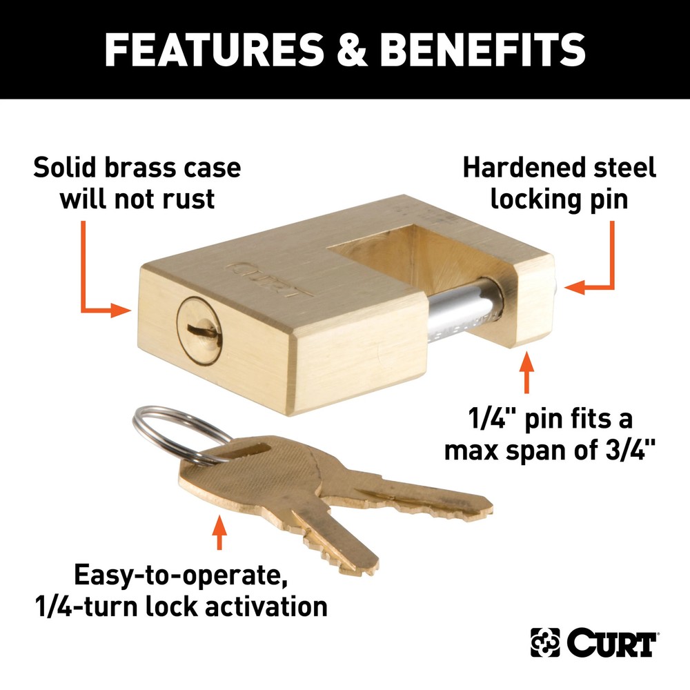 Curt Coupler Lock (1/4" Pin, 3/4" Latch Span, Padlock, Solid Brass)