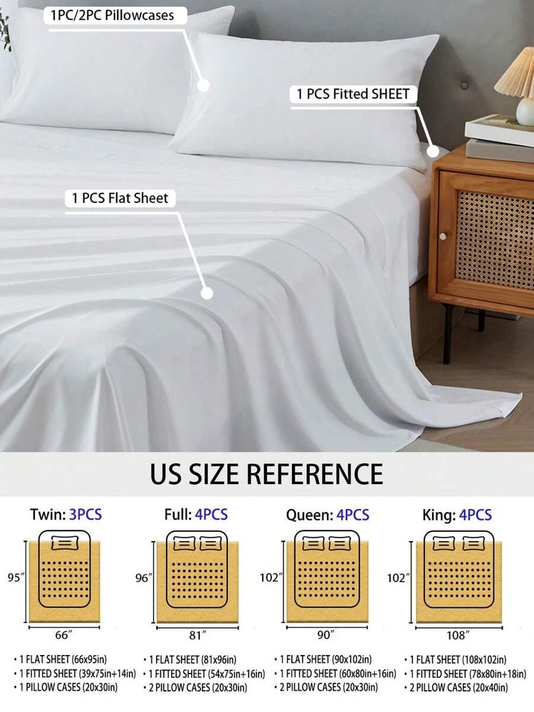 3/4 Piece Bed Sheet Soft Cooling Comfortable Breathable Bedding, White