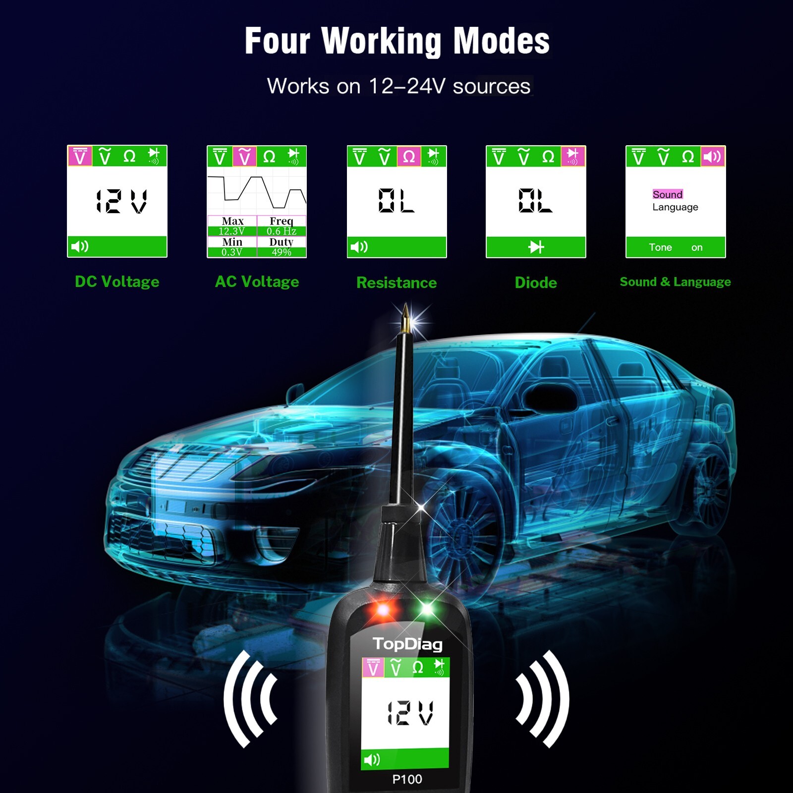 TopDiag P100 12V 24V Electrical Car Circuit Tester Power Probe Diagnostic Tool