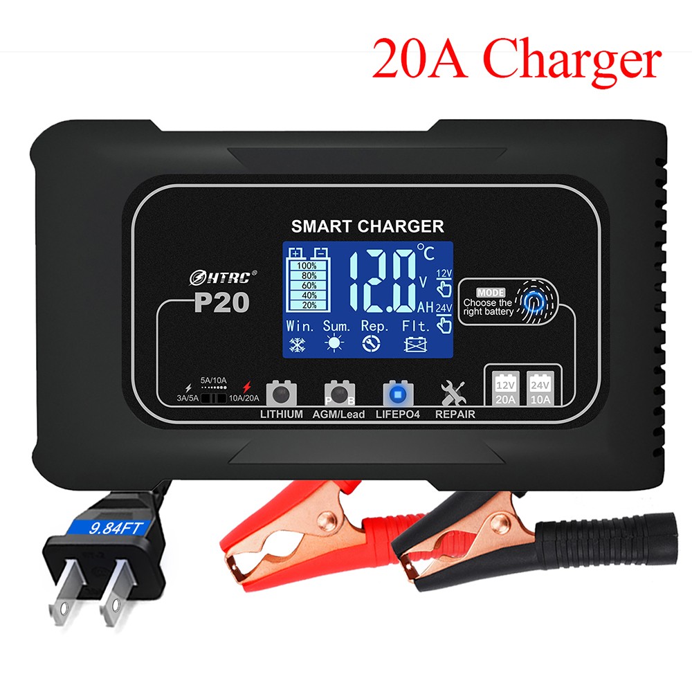 20-Amp Lifepo4 Lithium AGM Gel Smart Battery Charger, 12V/20A 24V/10A Maintainer