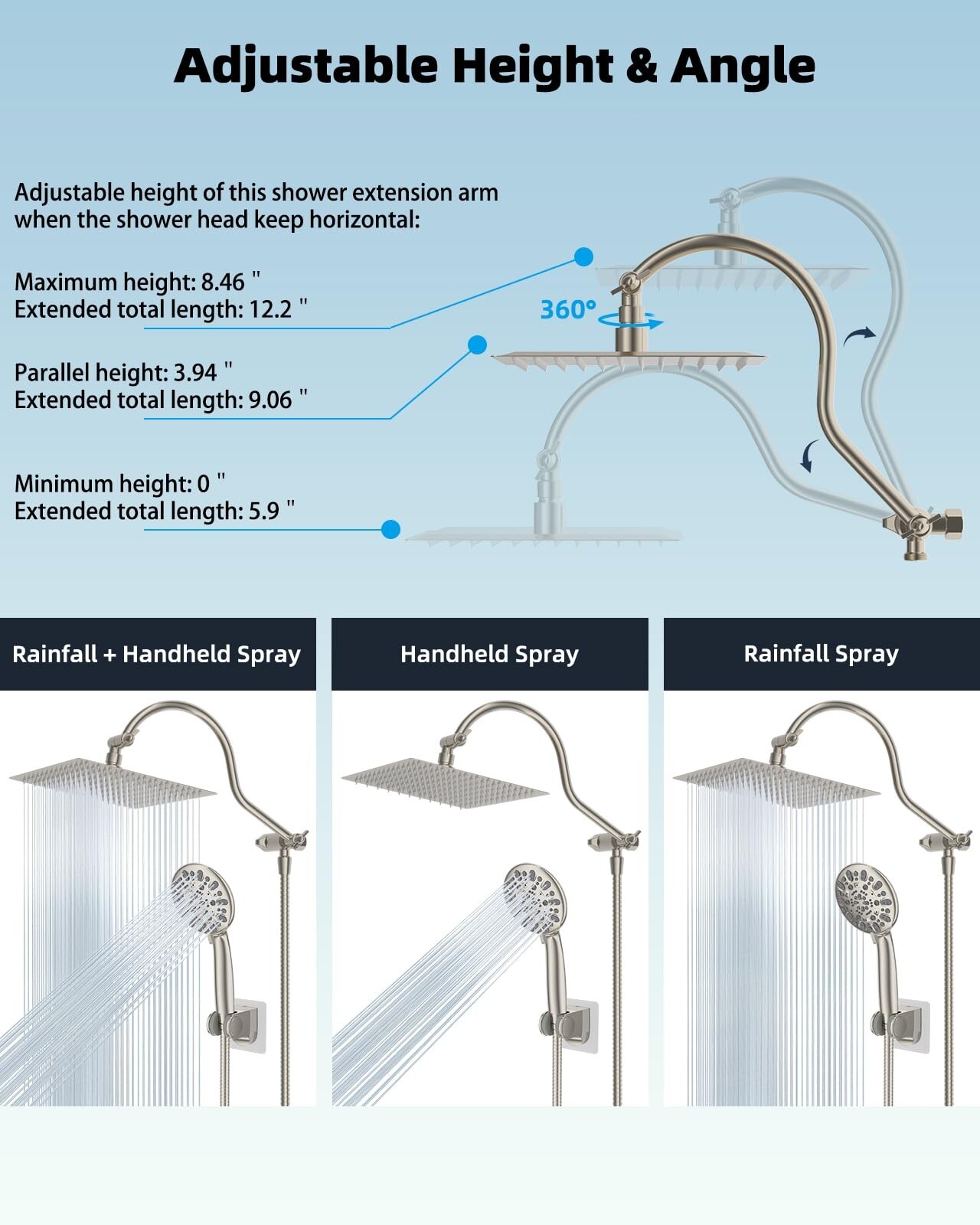 12'' Rain Shower Head Combo High Pressure Rainfall Shower Head Brushed Nickel US
