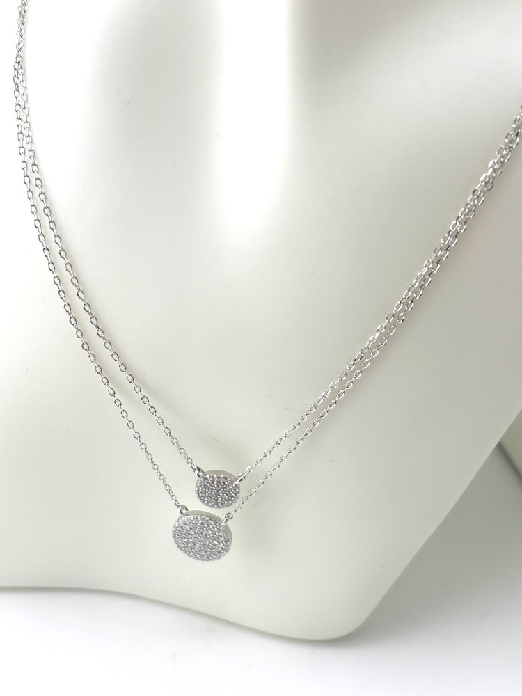 925 Silver Small Double Round CZ Disc Layered Necklace