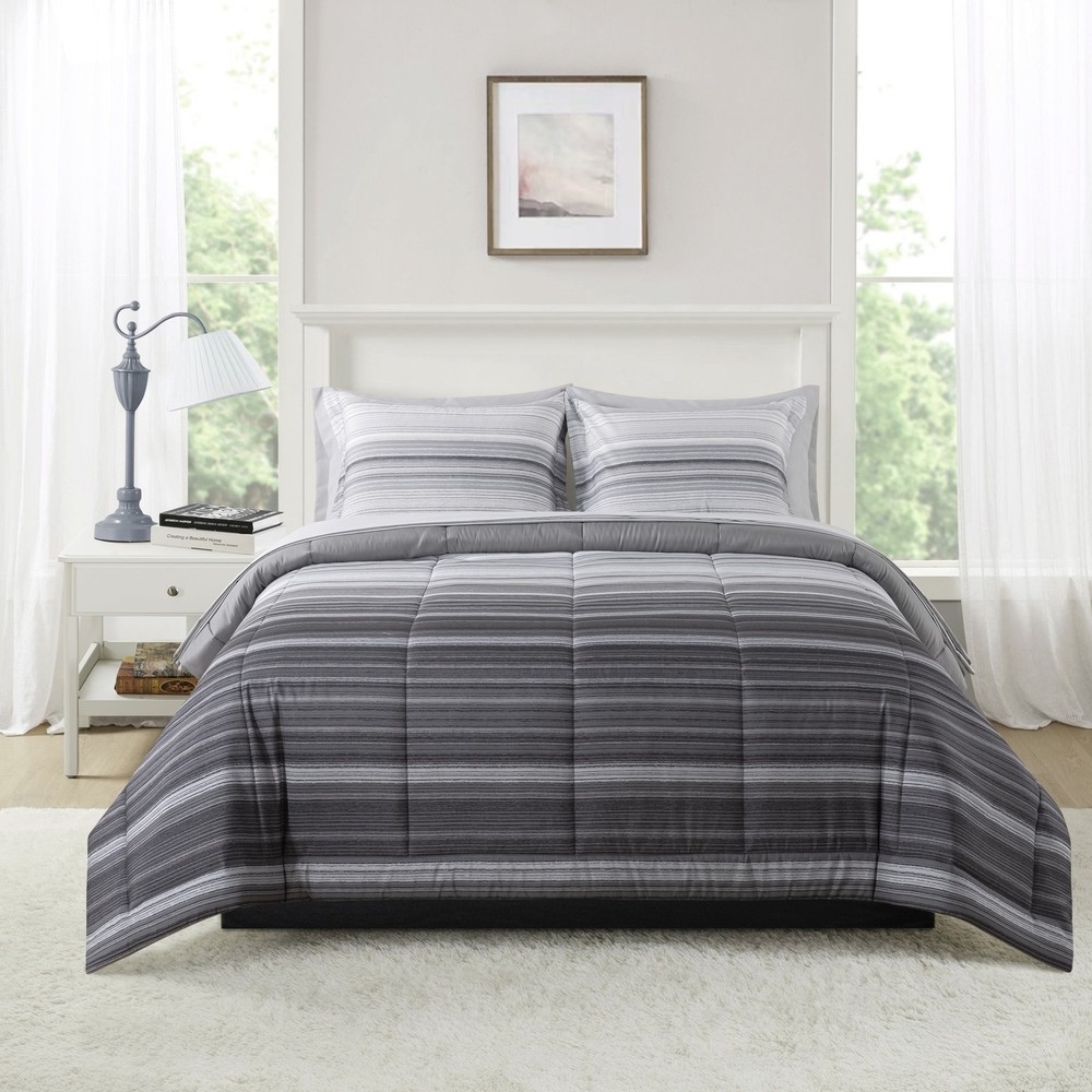 All in One Reversible Comforter & Sheet set- 7 Piece Queen Gray Stripe