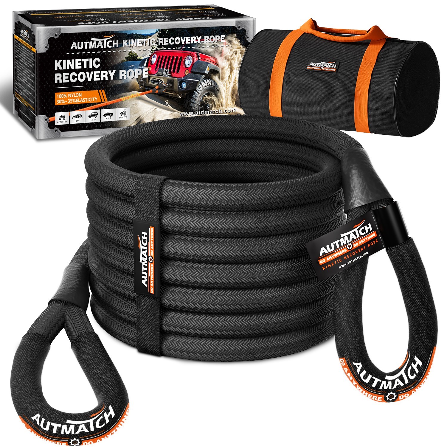 AUTMATCH 7/8" & 1" 20-30 ft Kinetic Recovery Tow Rope 35000lb-48000lb Heavy Duty