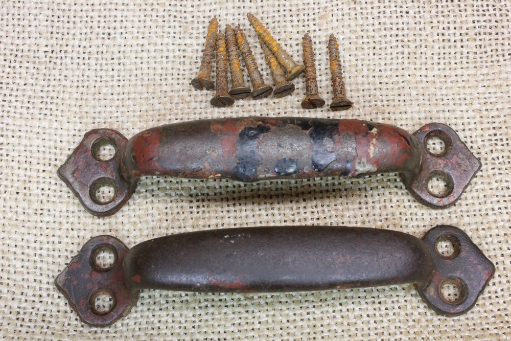2 Old Drawer Pulls Door Handles Work Bench Paint Splattered Rustic Iron Vintage