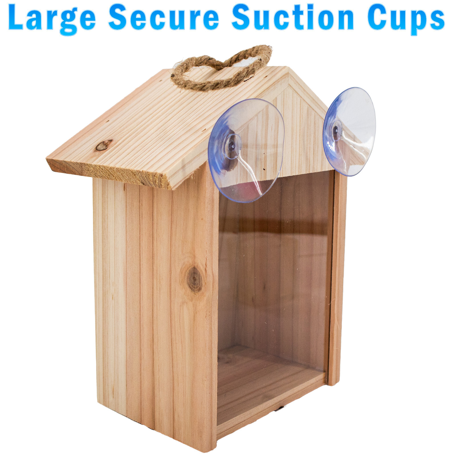 Wood Birdhouse See Through Window , Suction Cups, Lanyard Rope, Bird Nesting Box