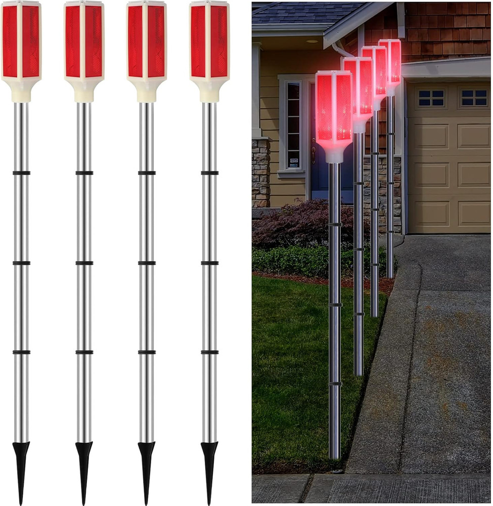 Solar-Powered Reflective Driveway Markers - 4 Pcs Red Pole Lights