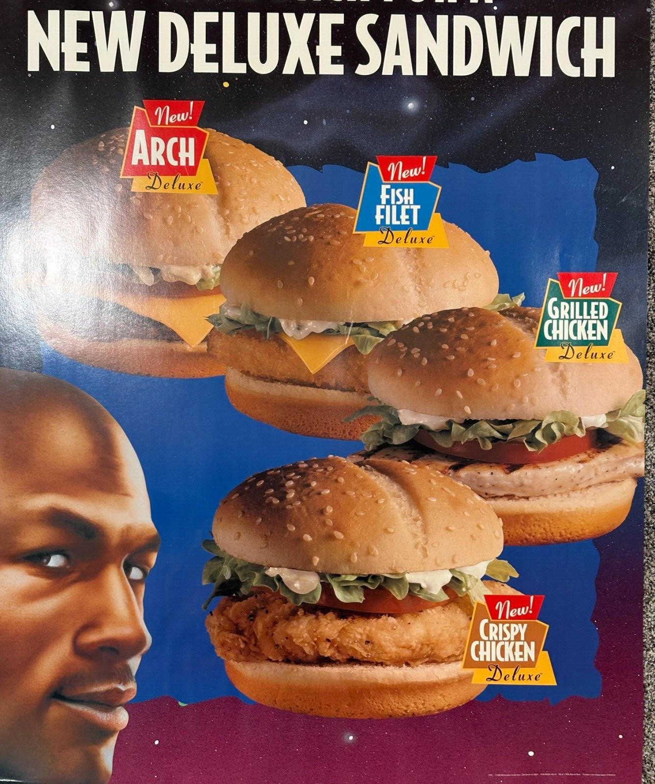 1996 McDonald's Michael Jordan New Deluxe Sandwich Display Sign 29 x 38"