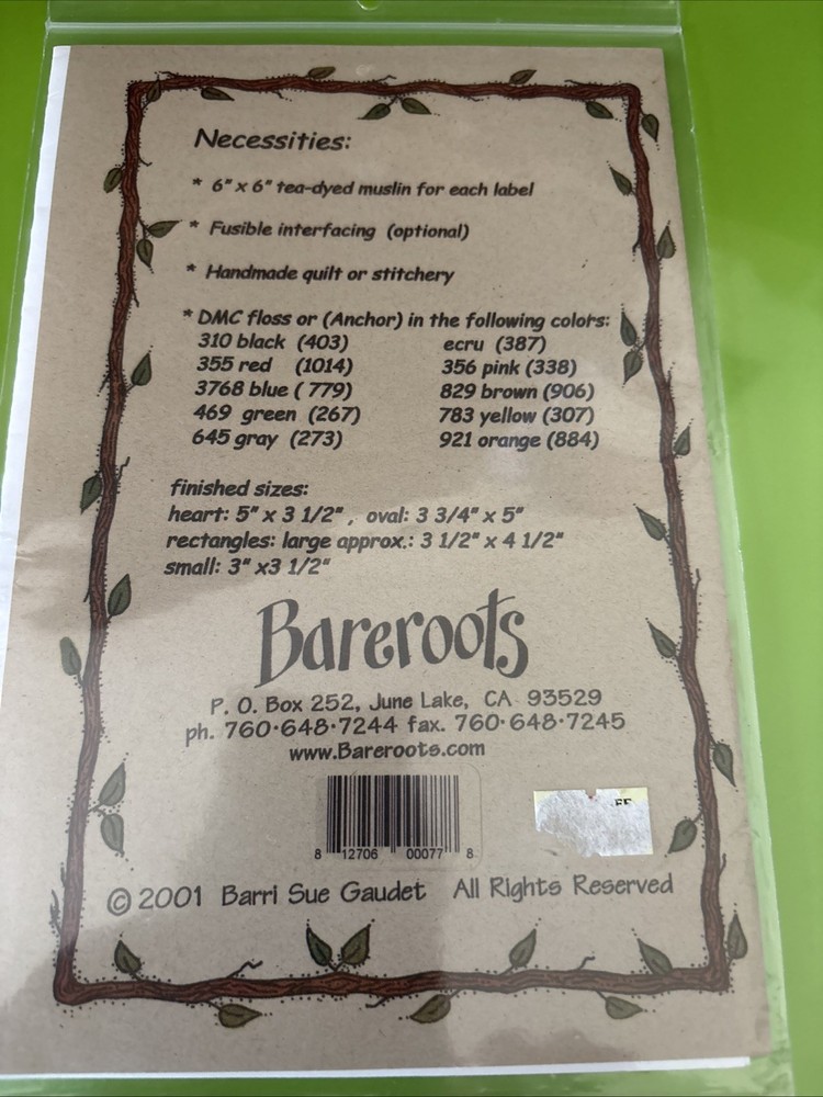 Bareroots Pattern #77 Quilt & Stitchery Labels Embroidered Quilt Labels