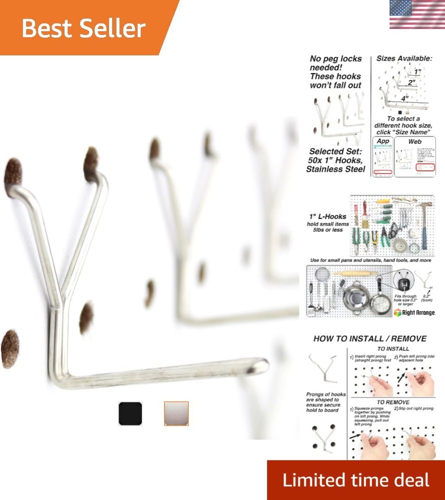 Stainless Steel Pegboard Hooks 50-Pack - Secure & Versatile Tool Storage
