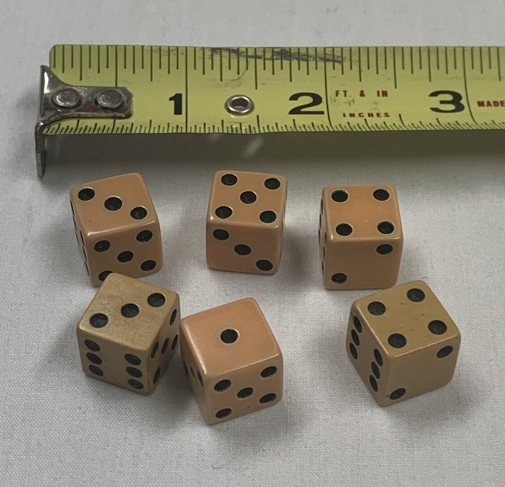 Bakelite Dice 6 Pieces Butterscotch Square Black Dots 1/2"