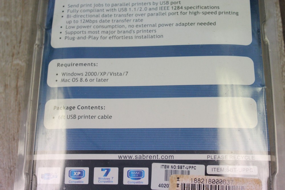 Parallel Printer Cable Adapter Sabrent SBT-UPPC USB to Serial/Parallel - 6 ft