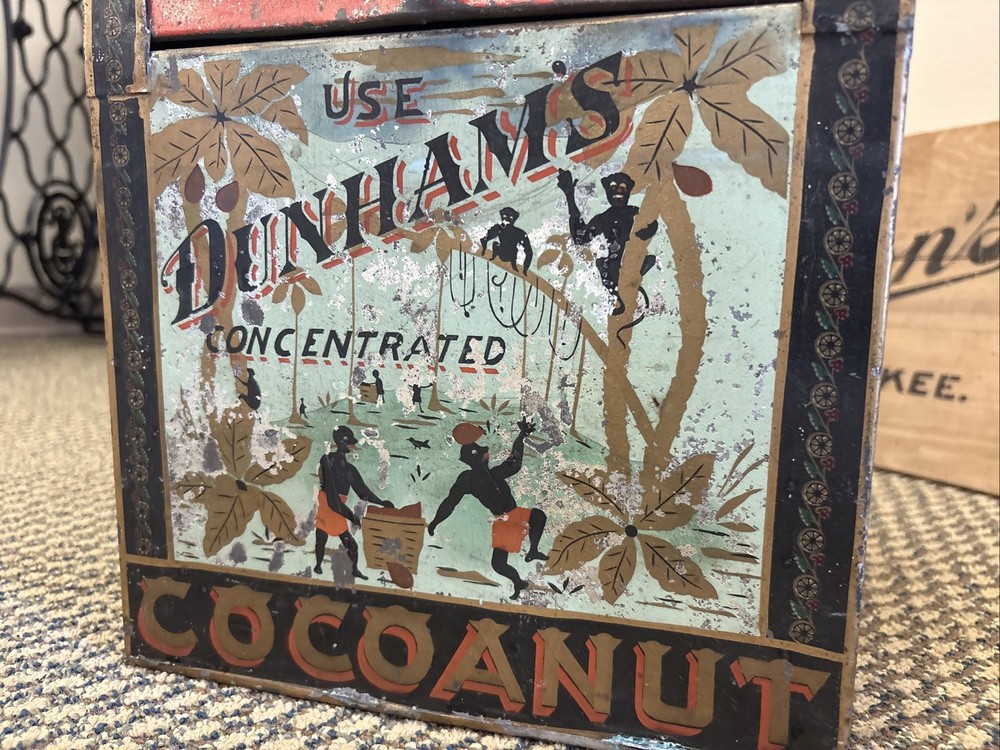 Antique Dunham’s Cocoanut Bin General Store Tin Counter Display Monkeys Natives