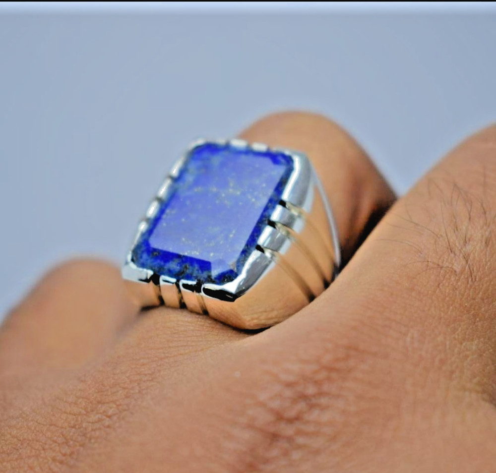 Men's Vintage Lapis Lazuli Ring | Bold Rectangular Blue Gemstone | Sterling Silv