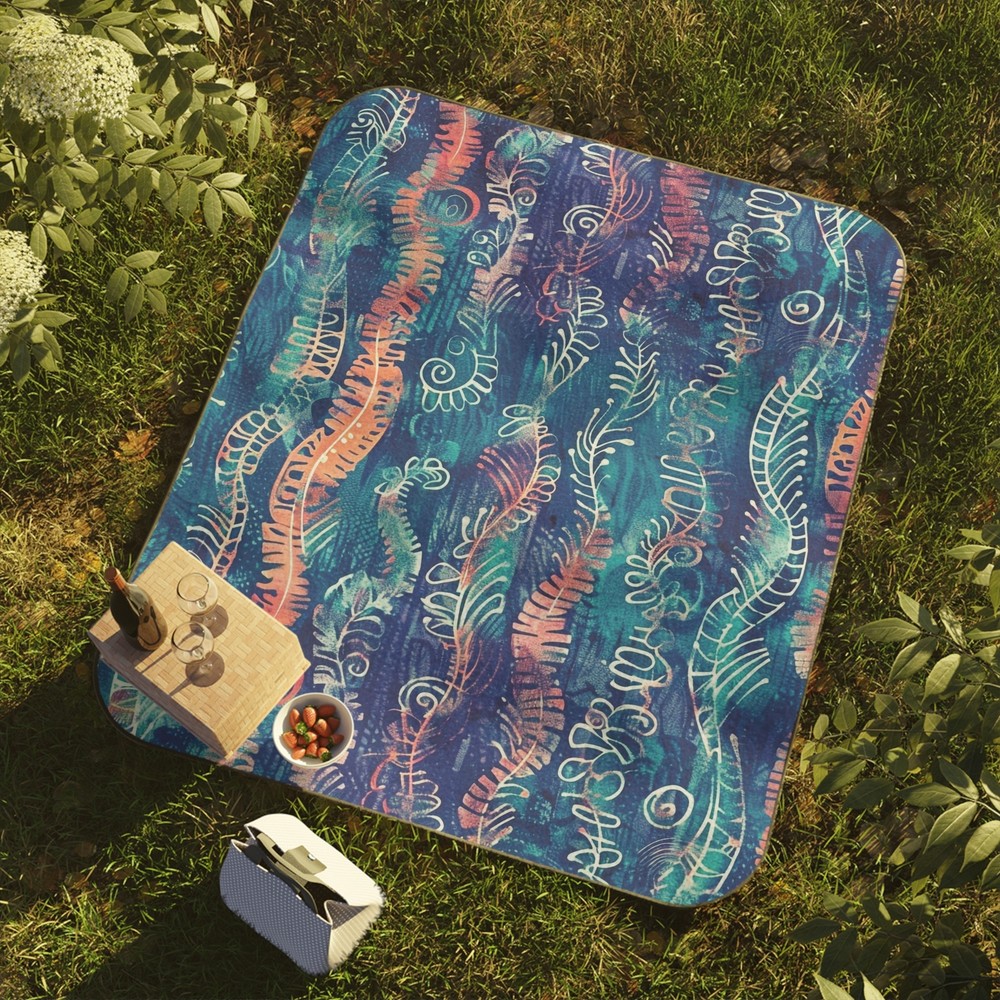 Blue Boho Pattern 61" x 51" Polyester Fleece Picnic Blanket + Carrying Strap