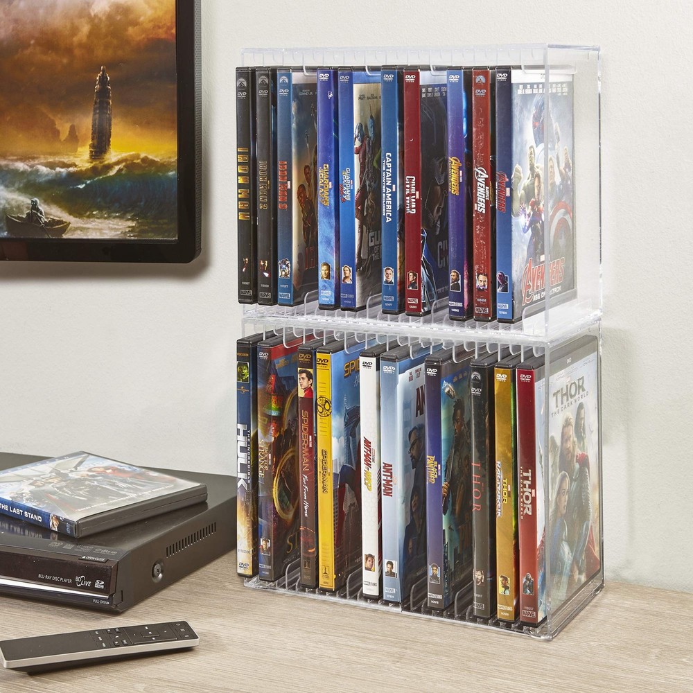 Stackable Clear Plastic DVD Organizer with Rubber Feet | Rectangular Holder P...