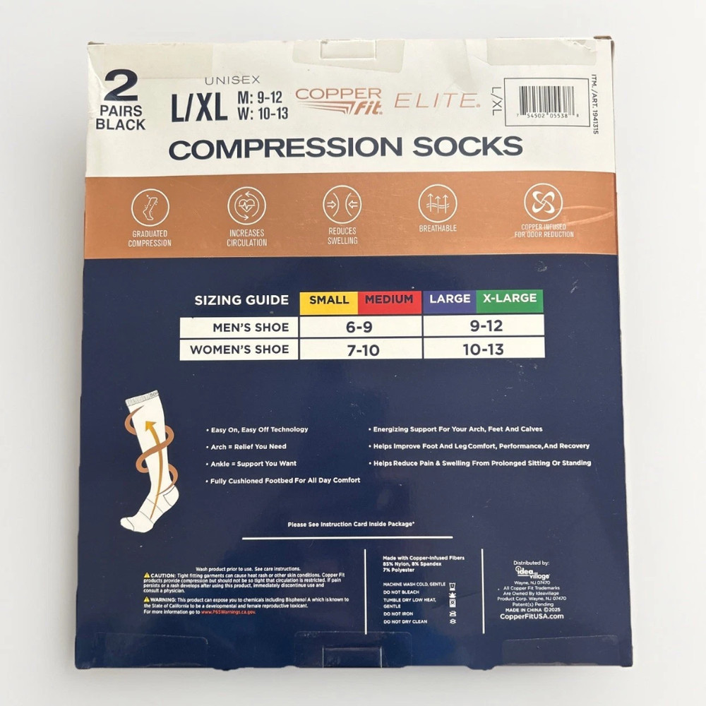 Copper Fit Elite Compression Socks 2-pack. Black Large/XLarge
