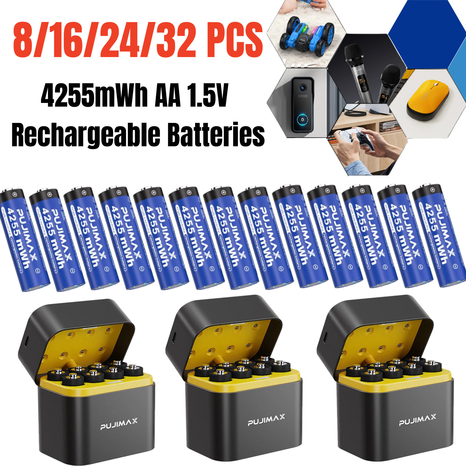 8/16/24/32PCS 1.5V Rechargeable AA Batteries Lithium 4255mWh with Charger Box