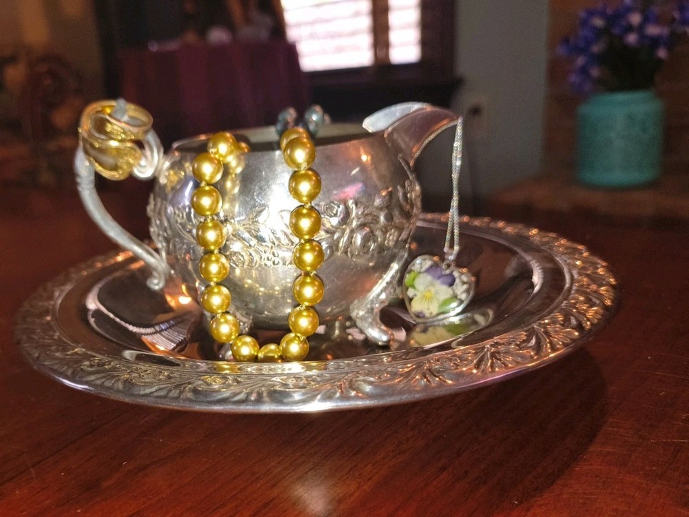 Silver Roses Footed Cream Pitcher with Handle