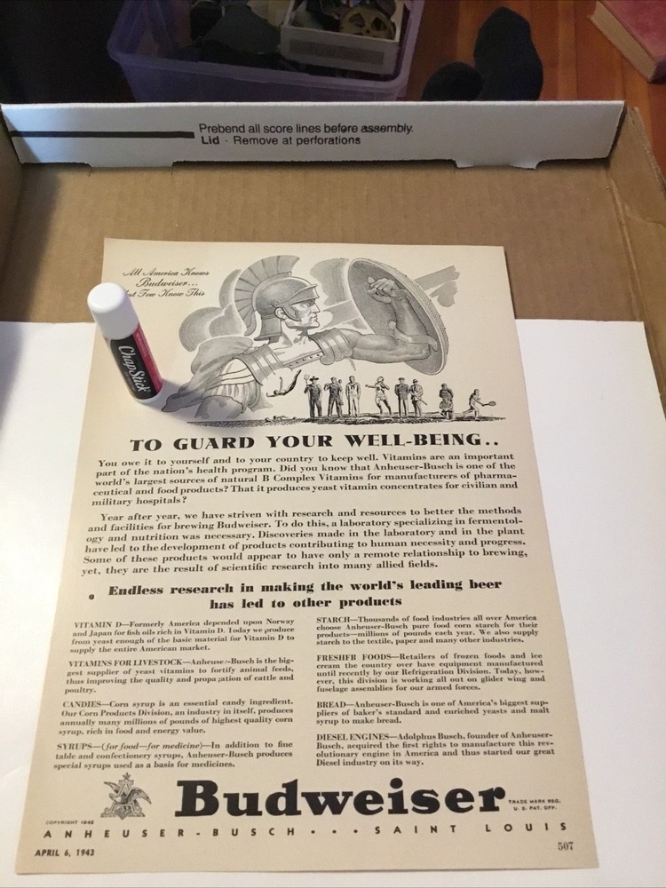 WWII EPHEMERA- BUDWEISER TO GUARD YOUR WELL BEING Beer & Vitamins