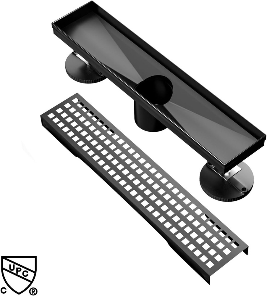Desagüe de ducha lineal de 12 pulgadas, desagüe de piso rectangular negro