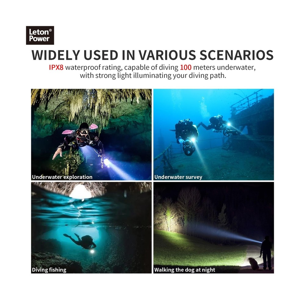 Diving Flashlight, 2000Lumens Dive Light,100m Underwater Flashlight,Dive Ligh...