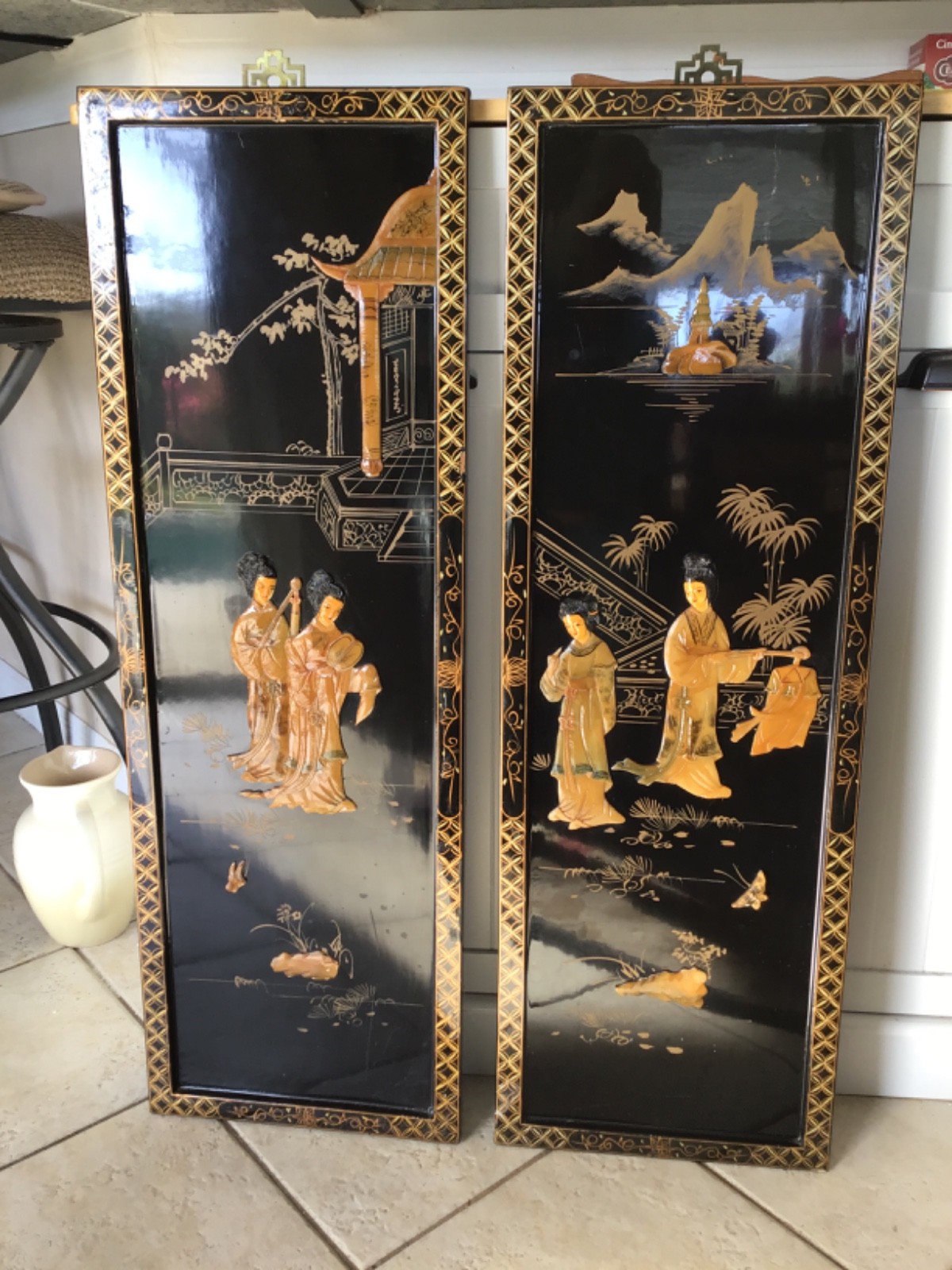 Black Lacquer Asian Geshia women beautifully painted wooden inlay. 12” X 36” tal