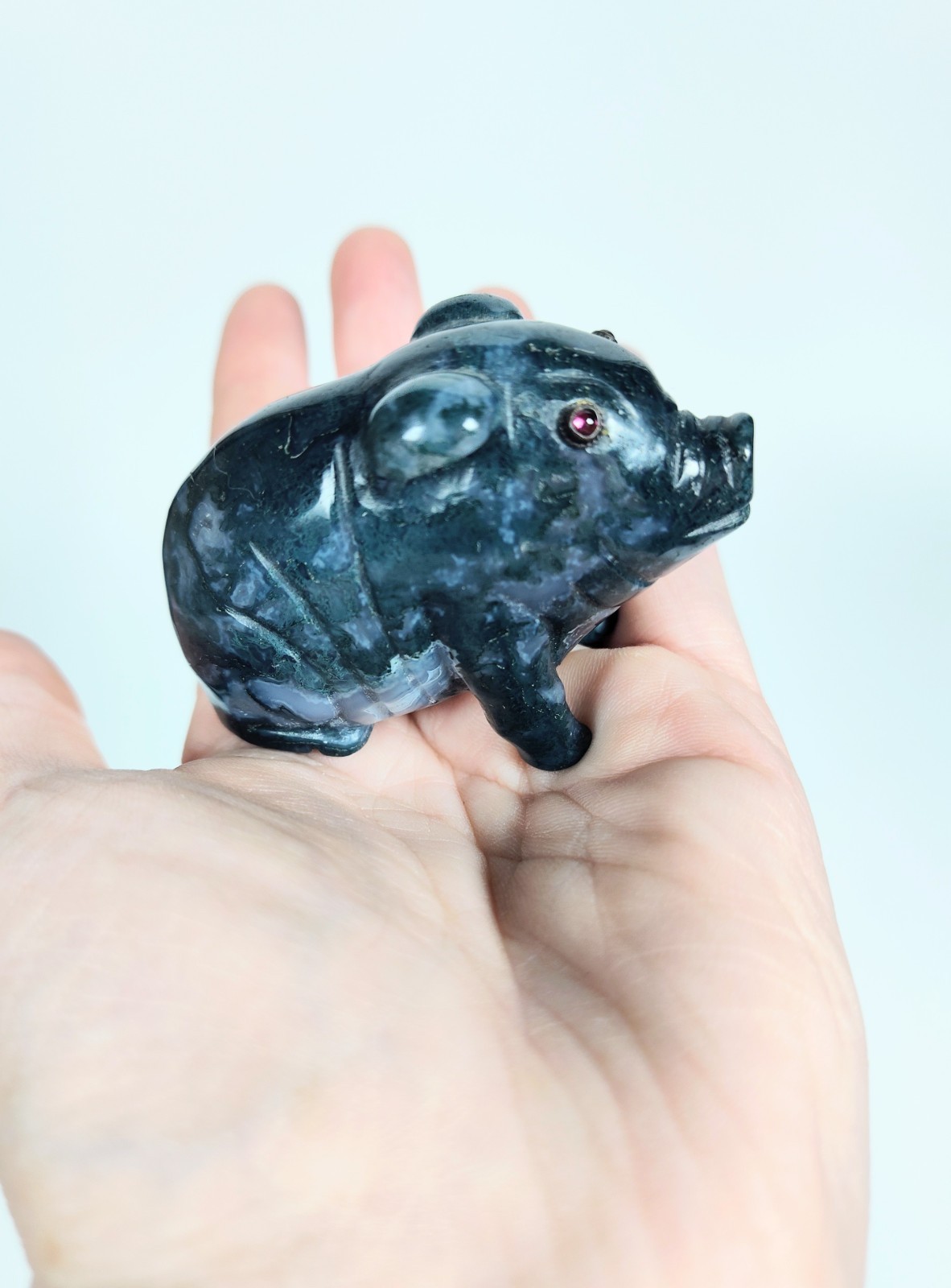 Antique 1920s Hand-Carved Blue-Green Aventurine Pig with Bezel-Set Garnet Eyes
