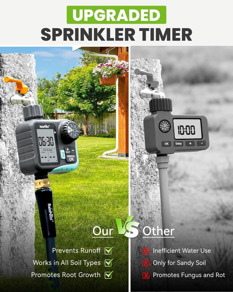 Programmable Garden Hose Sprinkler Timer with Cycle & Soak, Rain Delay