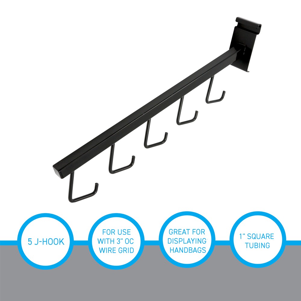 SSWBasics 5-J-Hook Waterfall Black Faceout for Wire Grid and Grid Wall - Pack