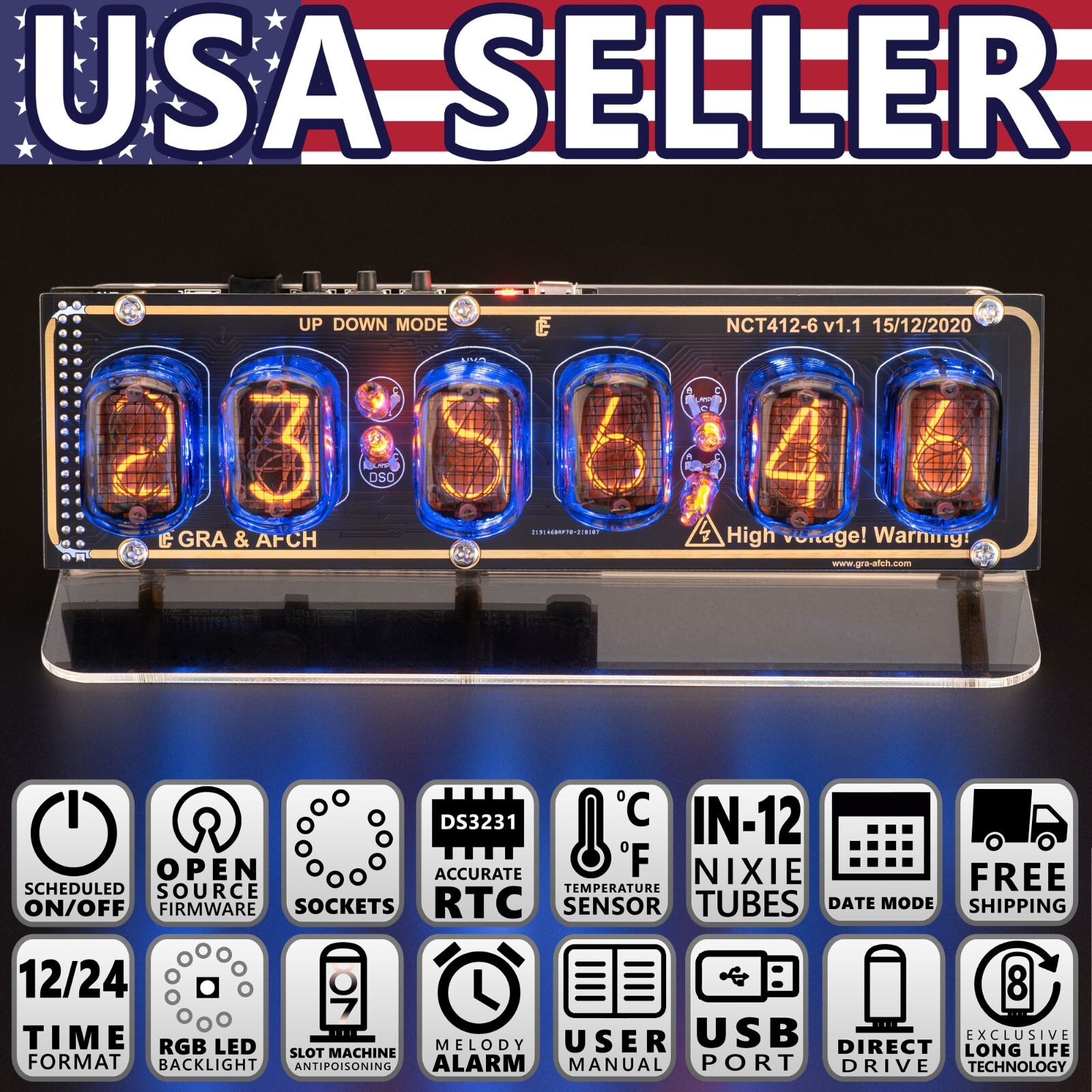 IN-12 Nixie Tubes Clock on Acrylic Stand with Sockets 12/24 UPS FREE Shipping