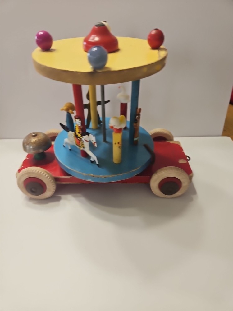 Vintage Brio Wood Carousel Karusell Merry-Go-Round Pull Toy Bell Missing String