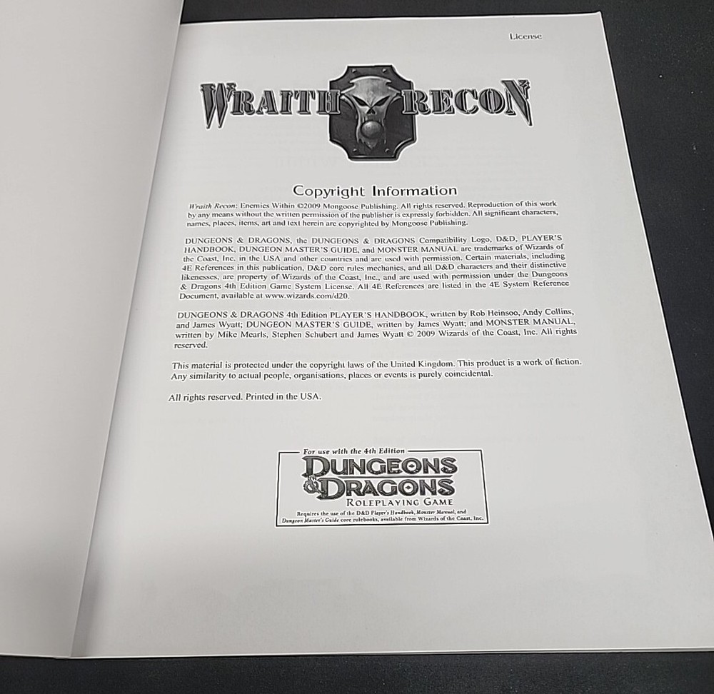Enemies Within- Wraith Recon RPG New For Use With 4th Edition DnD