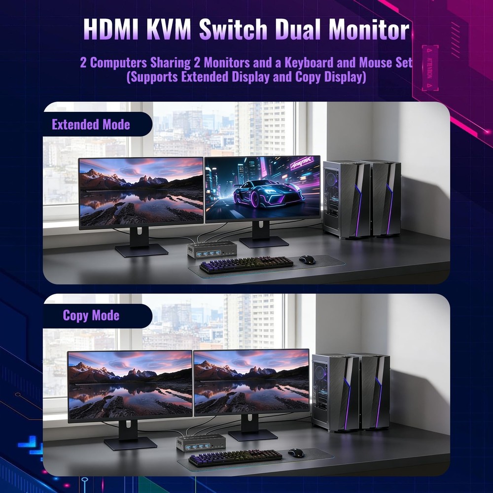 Ouluoa KVM Switch 2 Monitors 2 Computers, 4K@60Hz,Simulation EDID, USB 3.0 KV...