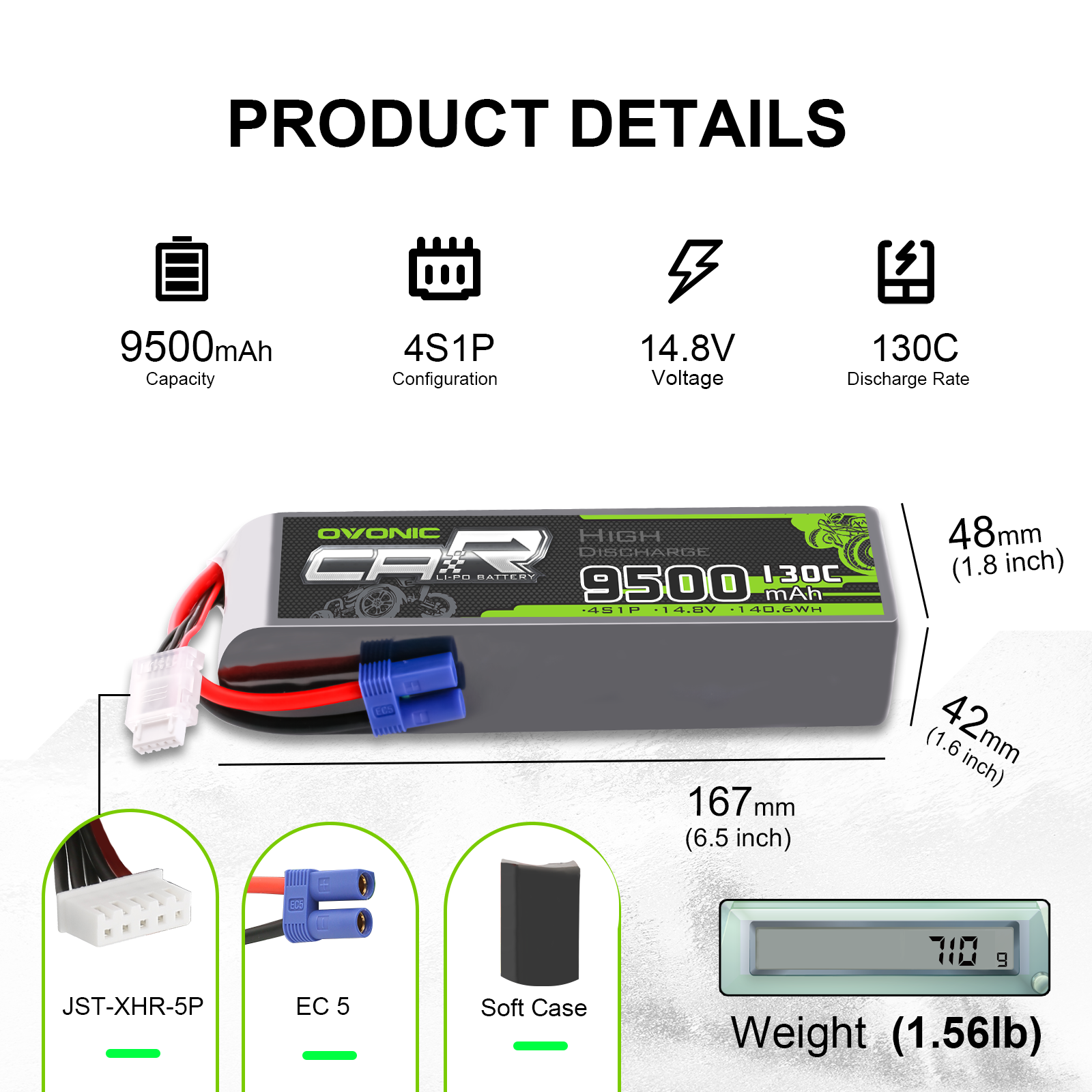2x Ovonic 14.8V 130C 4S 9500mAh Lipo Battery EC5 for RC Car Airplane Jet Heli