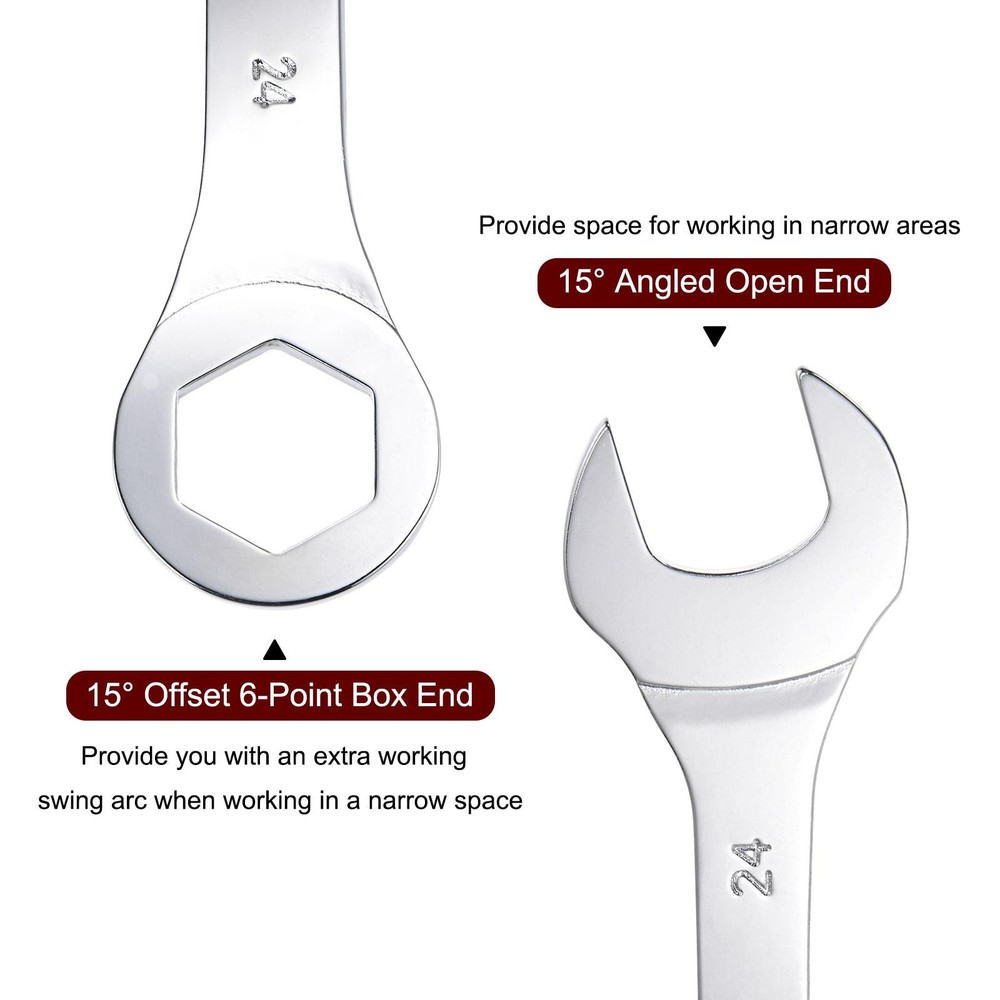 Thin Combination Wrench with Offset 6-Point End and Angled Open End 24mm