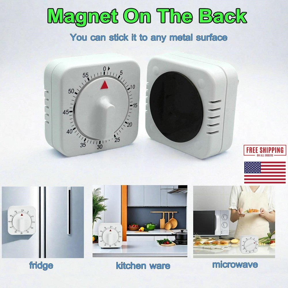 1/2x Square 60 Minute Mechanical Kitchen Timer Easy to Use Visual Cooking Timer