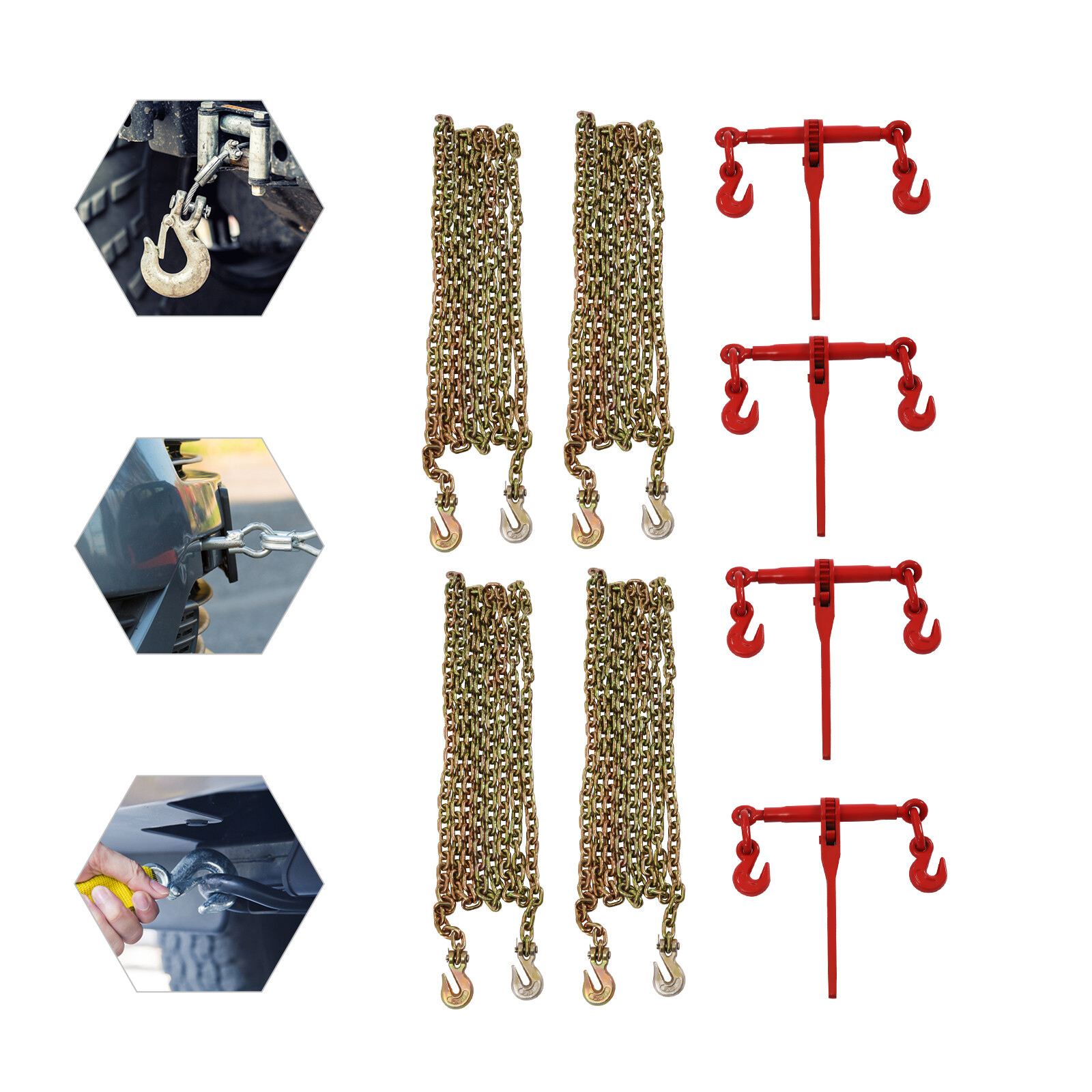 4 Pack 5/16"-3/8" Chain and Binder Kit Ratchet Load Binder w/ 4x 20ft Chains NEW